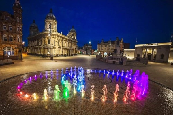 Paving project in Hull with colourful water feature